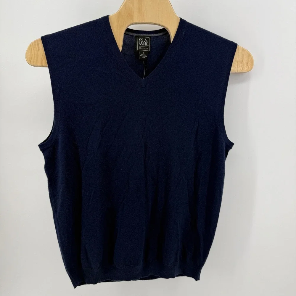 Jos A Bank Traveler Mens XL Navy Blue‎ 100% Merino Wool V-Neck Sweater Vest